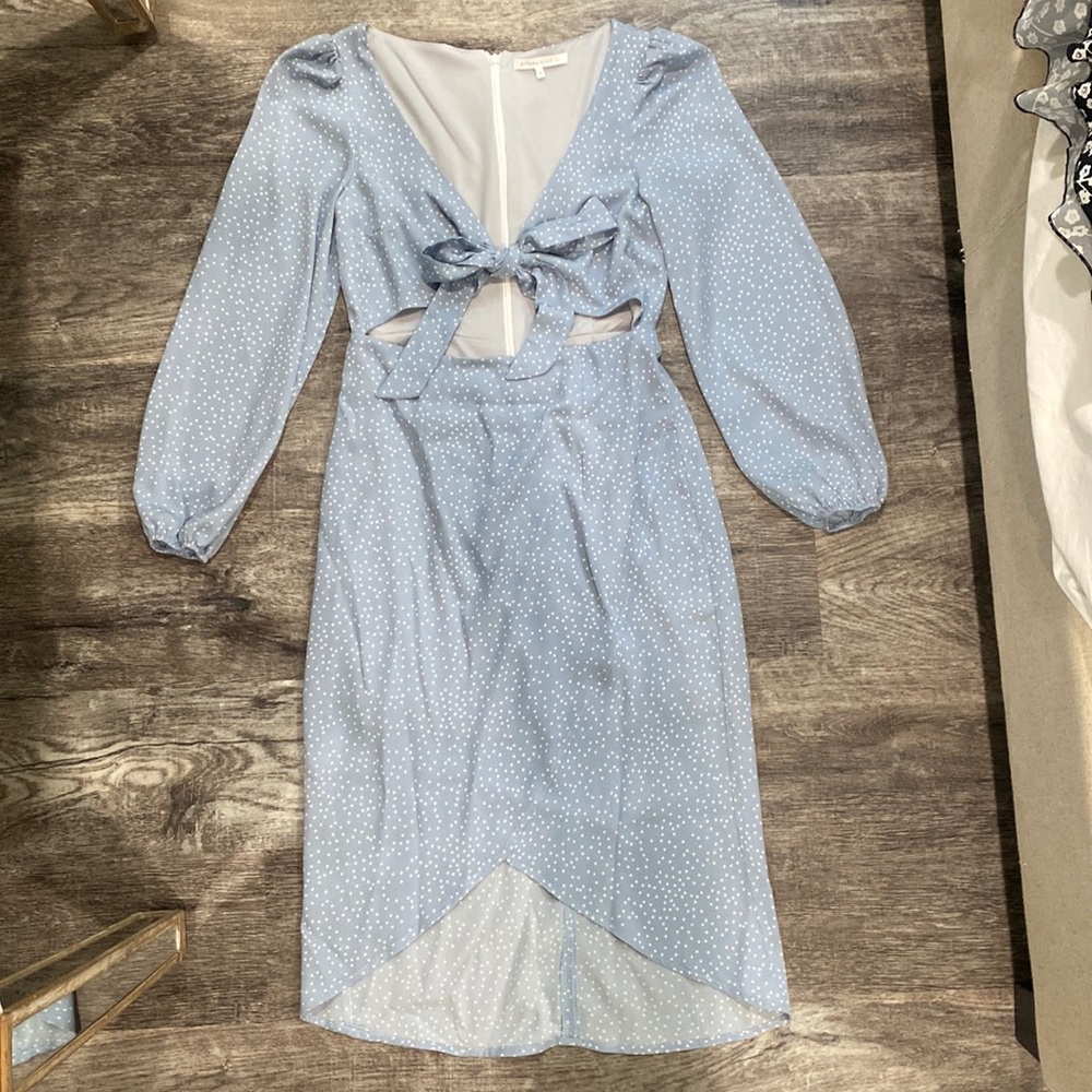 Blue and white polka dot high to low midi dress
